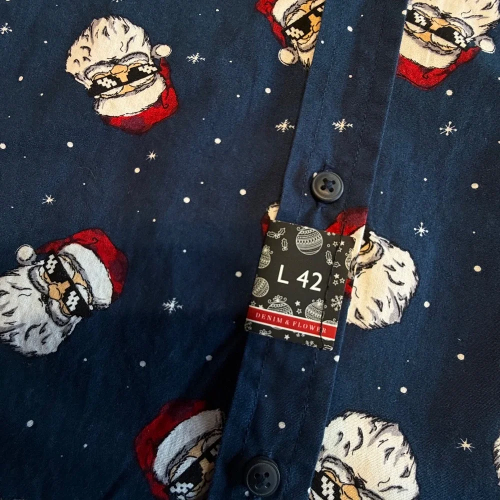 Denim & Flower Men L Navy Bad Santa Sunglasses Button Down Shirt 100% Cotton NEW